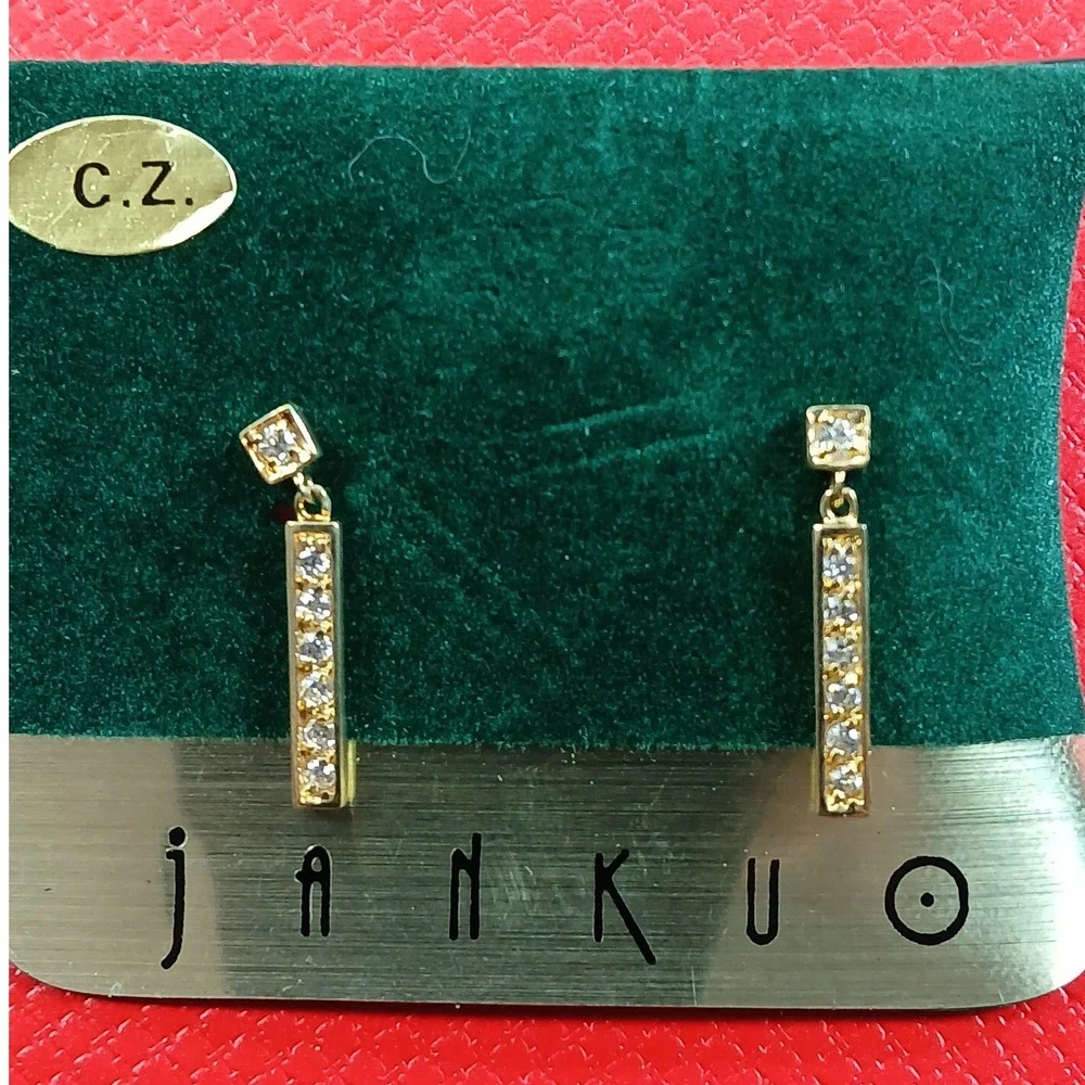 JANKUO Vintage 1990s Gold Tone Cubic Zirconia CZ Bar Drop Earrings Rare New - Picture 15 of 16